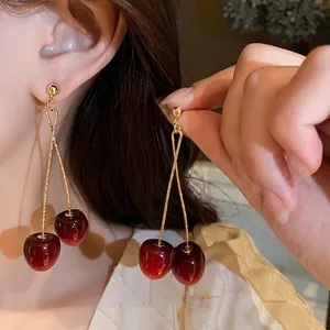 Fashion Cherry Geometric Drop Earrings With Silver Earring Post Red Fruit Acrylic Alloy Long Chain Earrings For Women Jewelry Gift