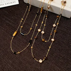 Elegant vintage irregular geometric beaded sweater chain necklaces with pearls and tiger eye stones