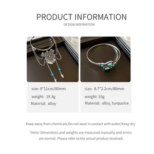 Detailed specifications for retro tassel armlet and turquoise bangle in silver finish