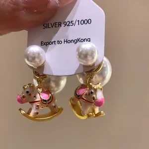 Sweet Alloy Rocking Horse Artificial Pearl Stud Earrings With 925 Sterling Silver Earring Post Gold White Enamel Jewelry