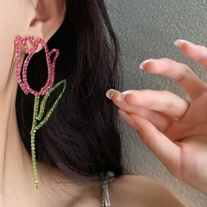 Oversized tulip drop earrings with sparkling pink and green rhinestones, S925 needle