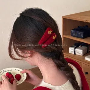 Red flocked horse hair clip for elegant Chinese New Year hairstyling