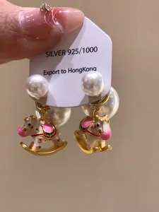 Elegant S925 silver needle enamel rocking horse earrings with pearl details for women