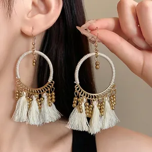 Ethnic Bohemian Round Tassel Ear Hook Drop Earrings Alloy Artificial Pearl Enamel Sun Motif Vintage Women Party Jewelry