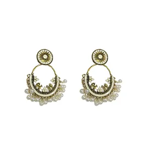 Ethnic Bohemian gold round tassel earrings with pearl beads and bird motifs jewelry