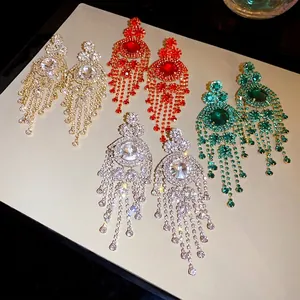 Vintage Palast Rund Strass Quaste Hängeohrringe Mit 925 Sterlingsilber Ohrstecker-Stift Für Damen Bankett Party Schmuck