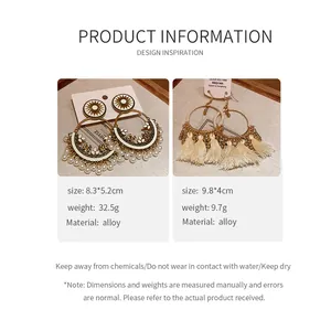 Detailed specifications for Bohemian tassel and pearl earrings with alloy material