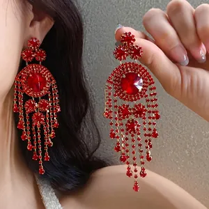 Elegante rote Strass-Quasten-Ohrringe im Vintage-Palast-Stil für Damen