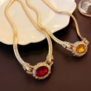 Vintage Palace Style Gold Plated Snake Bone Chain Necklace For Women Elegant Oval Red Gemstone Rhinestone Pendant Jewelry