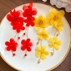 Floral Fabric Chiffon Petal Tassel Drop Earrings For Women Sweet Long Dangle Earrings With Stainless Steel Post Jewelry