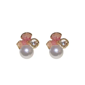 Elegant gold-plated flower stud earrings with white pearl and pink crystal accents