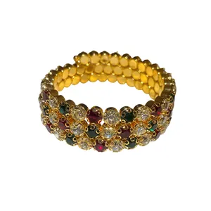 Bracciale rigido vintage a tre strati con strass colorati in finitura dorata