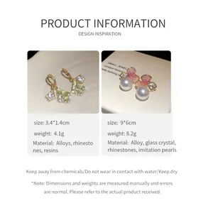 Detailed specifications for rhinestone rhombus earrings and pearl floral studs