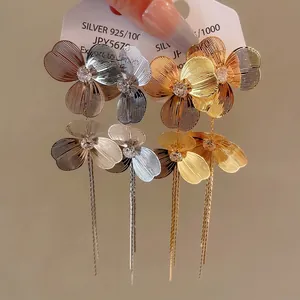 Exaggerated Flower Tassel Stud Earrings With 925 Sterling Silver Earring Post Gold Plated Copper Rhinestone Statement Jewelry For Women