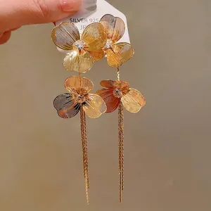 Elegant gold plated flower tassel earrings with 925 silver needles for women