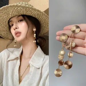 Metallic Textured Round Tassel Drop Earrings With 925 Sterling Silver Post For Women Fashion Light Luxury Geometric Dangle Earrings