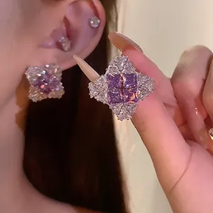 Light Luxury Rhombic Zirconia Stud Earrings For Women Purple White Zirconia Copper Silver Earring Post Geometric Jewelry