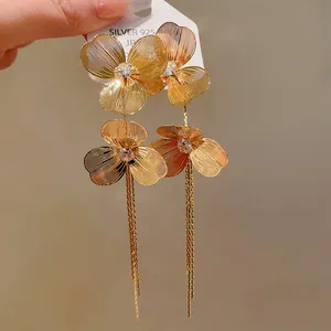 Detailed close-up view of gold plated flower tassel earrings featuring S925 silver needles
