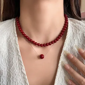 Korean Style Anchor Red Artificial Pearl Clavicle Chain Necklace Alloy Lacquered Minimalist Elegant Commuter Jewelry For Women