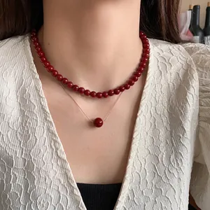 Elegant Ankora red pearl layered necklace set for women Korean minimalist fashion style