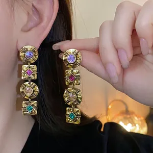 Vintage Alloy Multicolor Rhinestone Geometric Tassel Drop Earrings With 925 Sterling Silver Post Gold Plated Jewelry For Women