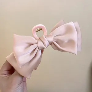 Detailansicht einer hochwertigen zartrosa Satin-Haarklammer mit glänzender Oberfläche.