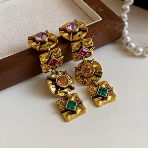Vintage-style gold-tone drop earrings with colorful gemstones and geometric design for women