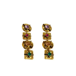 Vintage gold finish dangling earrings with vibrant multi-colored crystals and silver needles