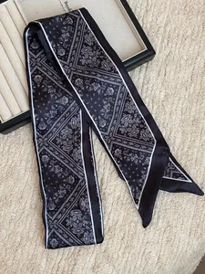 Detail of a black narrow silk scarf with white paisley pattern on a jewelry tray