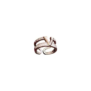 Elegant gold-plated double-layer open ring with a minimalist zircon-studded V design