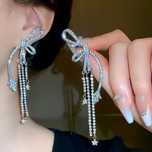 Luxus Legierung Schleife Quaste Ohrringe mit 925 Sterling Silber Ohrstecker Strass Stern Tropfen Ohrhänger Damen Schmuck