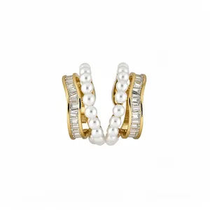 Elegant 18k gold plated hoop earrings with shimmering zircons and dainty white pearls.