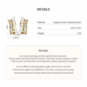 Detailed specs of gold-plated ear clip with pearls, zircons and 925 silver needle tips