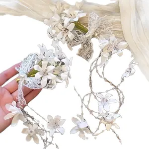 Elegant forest style white fabric lace flower hair clips with long pearl tassel beads