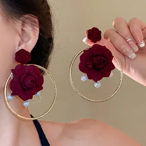 French Vintage Rose Flower Hoop Drop Earrings For Women With Artificial Pearl And Silver Post Elegant Floral Dangle Earrings