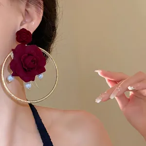 Vintage red rose and pearl hoop earrings for elegant fashion jewelry style
