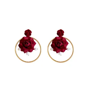 Elegant red fabric rose hoop earrings with white pearls, French retro style jewelry.