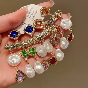 Vintage gold-plated tassel earrings with multi-color crystals and baroque pearls