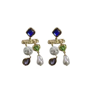 Vintage style multi-color crystal and baroque pearl drop earrings for women with golden accents