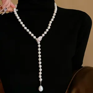 Collar de Perlas Artificiales Minimalista Francés Cobre Circonia Hoja Cadena de Suéter en Y Joyería Elegante para Mujer