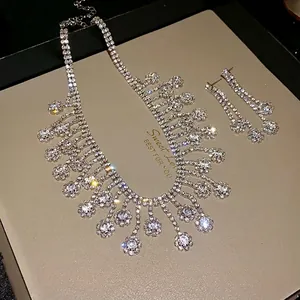 Elegant Tassel Rhinestone Necklace And Earrings Set For Women Silver Plated Copper Jewelry Set For Wedding Banquet Party