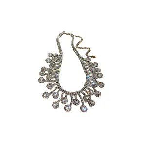 Elegant silver-toned rhinestone fringe statement necklace for bridal and wedding gowns