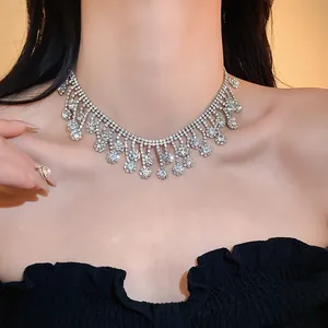 Close-up view of a sparkling silver rhinestone tassel necklace worn by a female model.