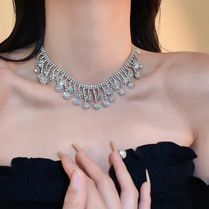 Close-up view of elegant rhinestone tassel necklace for wedding and evening gown