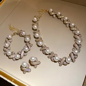 French vintage palace style pearl and rhinestone cross link necklace and jewelry set