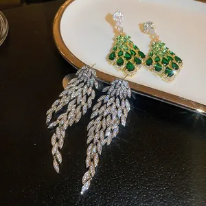 Luxury silver needle zircon tassel earrings and green gemstone drop studs for women