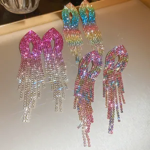 Luxury silver needle zircon long tassel earrings with sparkling rainbow rhinestones