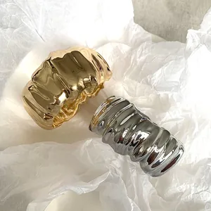 Irregular Wrinkled Wide Bangle Bracelet Gold Plated Alloy Minimalist Fashion Modern Textured Metal Cuff Jewelry For Women