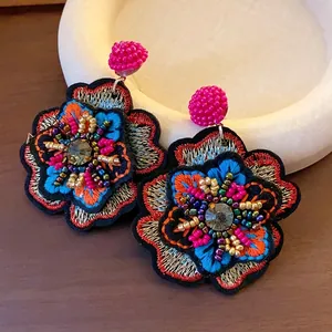 Vintage Bohemian Embroidered Flower Drop Earrings With Rhinestone Beaded Alloy Earrings Silver Post Ethnic Jewelry For Women