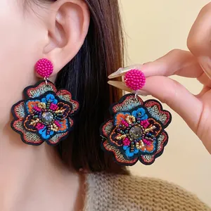 Retro bohemian style embroidered flower drop earrings with rhinestones for women